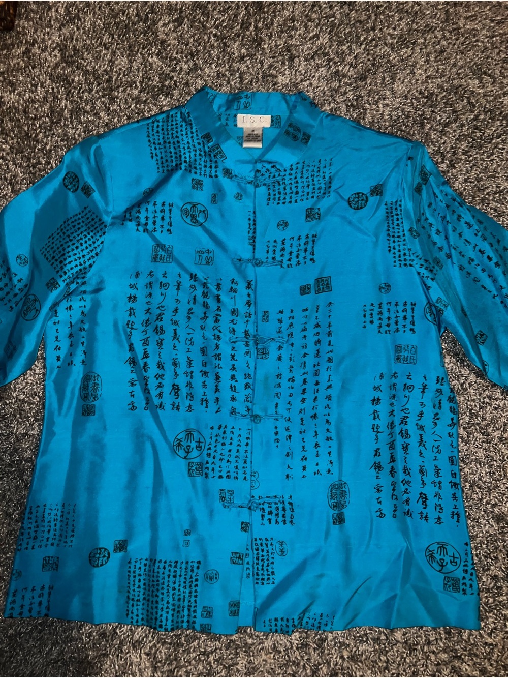 Women's Turquoise Button-Down Shirt with Script Print 100% silk